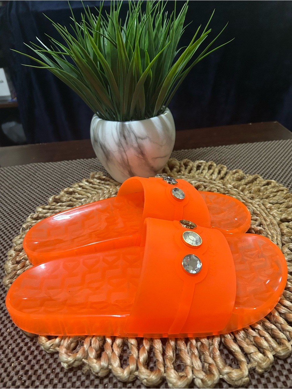 Karl Lagerfeld Neon Orange Jelly Slide Sandals with Rhinestones